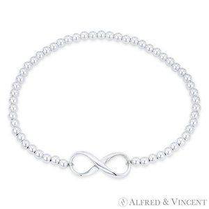 Infinity Symbol Figure 8 Charm Ball Bead Stretch Bracelet in 925 Sterling Silver